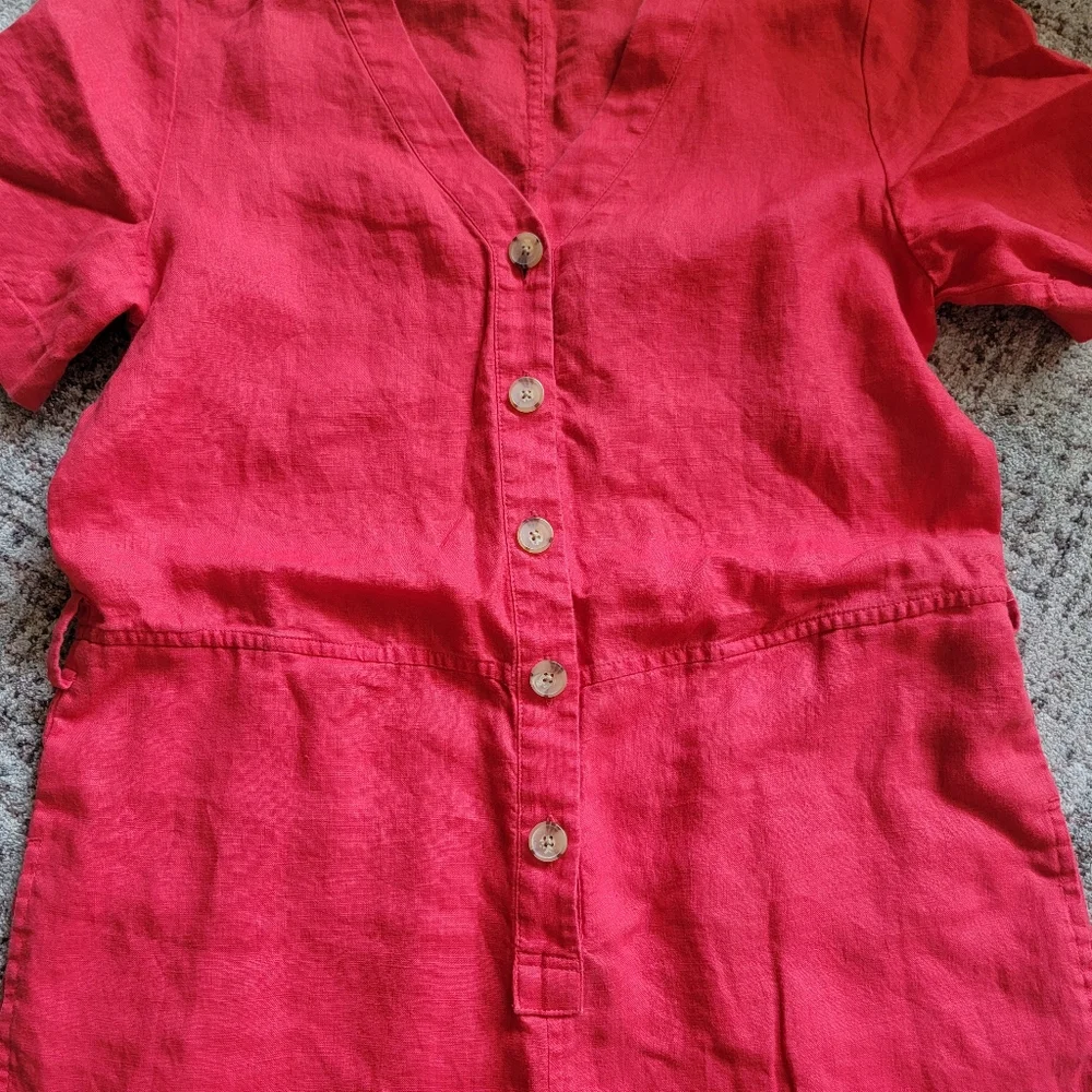 Everlane 100% Linen Short Sleeve Cropped Straight‎ Leg Jumpsuit in Red Size 4